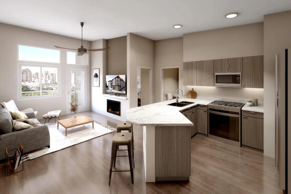 Living room and modern kitchen with appliances living room kitchen at 500 Square Apartments in Bellingham Student Accommodation