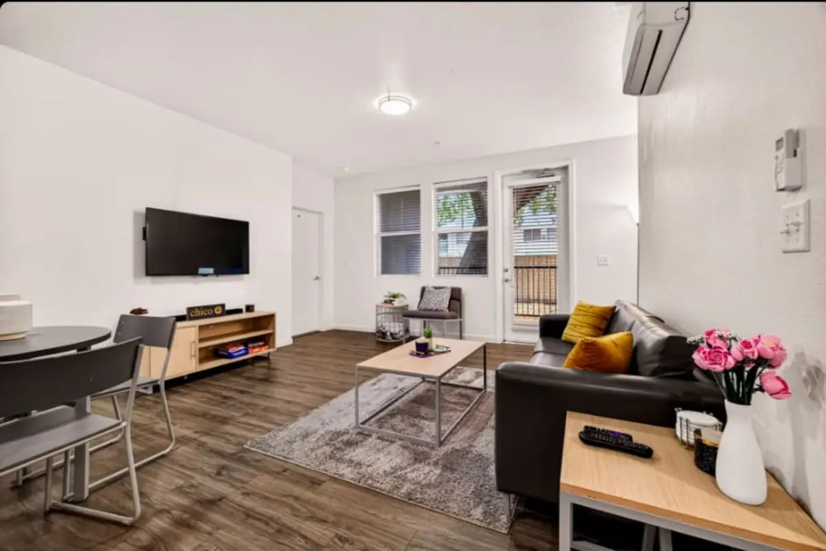 Brown sofa coffee table rug and TV living room at Cedar Flats Apartments in Chico Student Accommodation