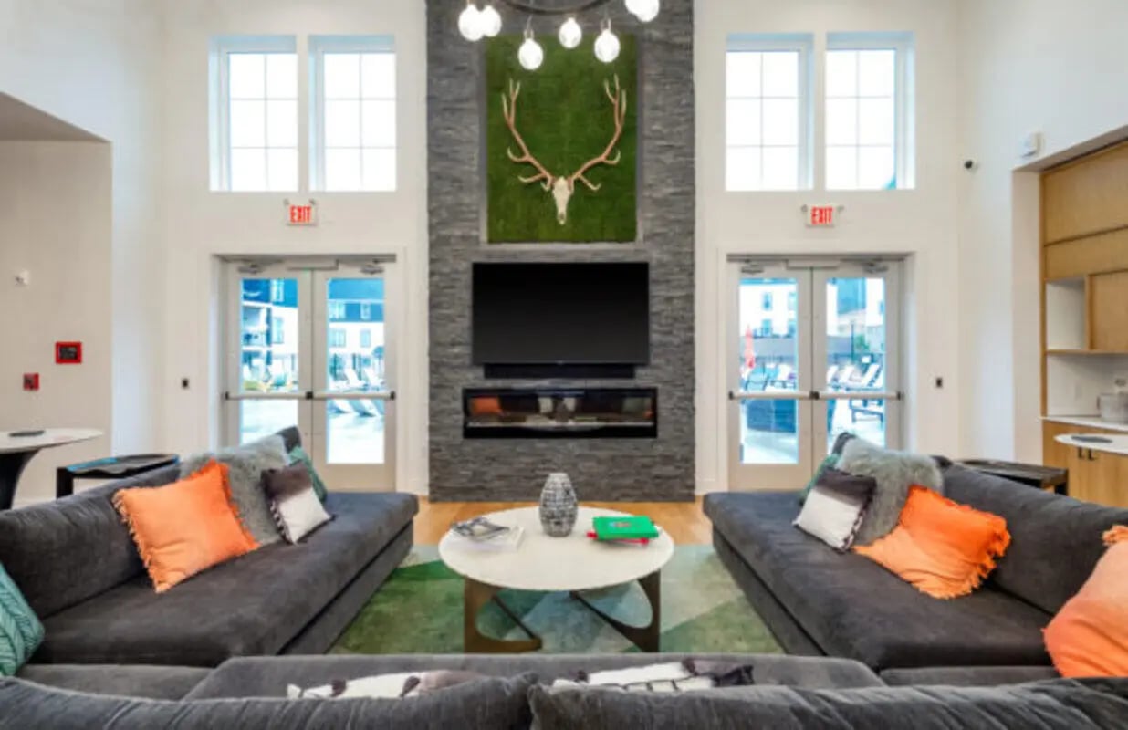 Two grey sofas large TV fireplace moss art living room at The Husk and The Helm in Cullowhee Student Accommodation