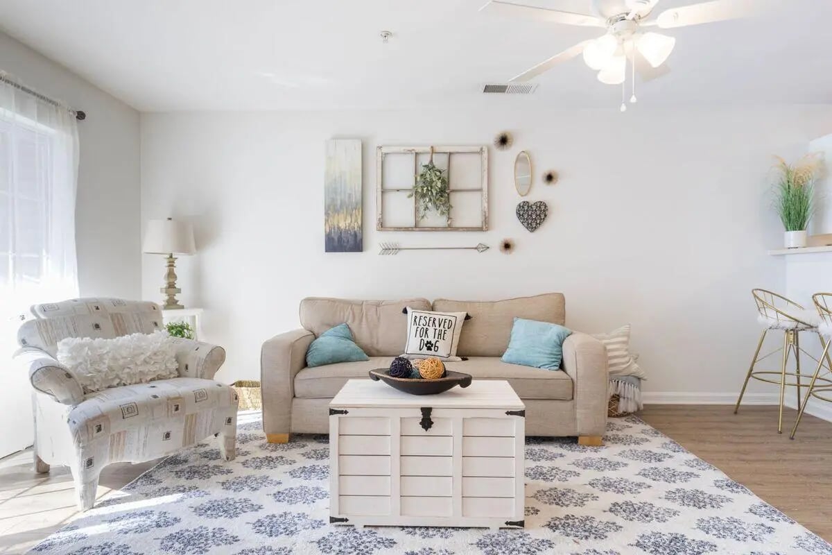Sofa armchair coffee table rug living room at Belmont Landing in Farmville Student Accommodation