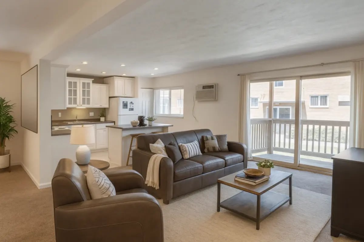 Leather sofa coffee table and kitchen living room at Cedar Street Apartments in East Lansing Student Accommodation