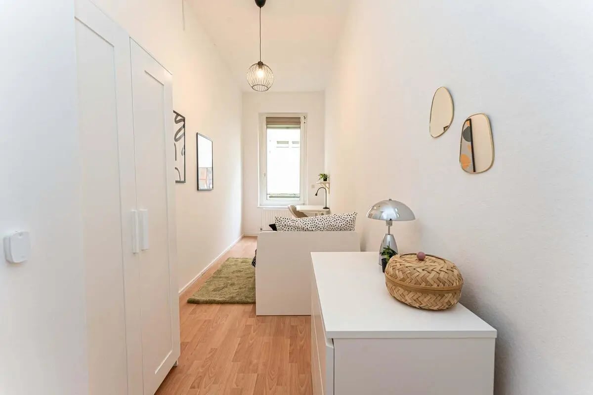 White closet desk lamp and basket bedroom at Room in Schloßstraße, 14059 Berlin-Bezirk Charlottenburg-Wilmersdorf, Germany in Berlin Student Accommodation