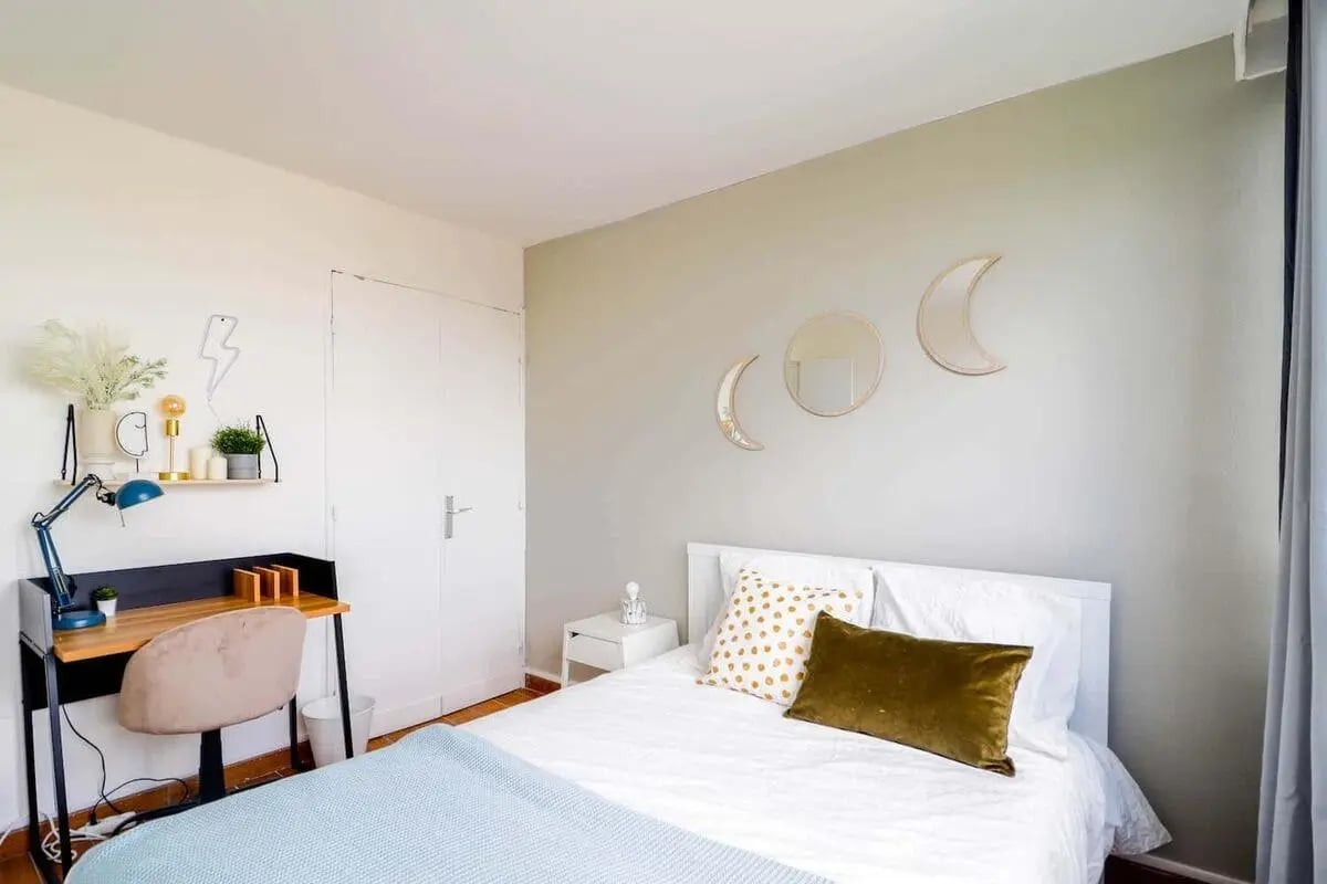 Desk bed with moon decor bedroom at Room in 10 Rue Louis Vicat, 75015 Paris, France in Paris Student Accommodation