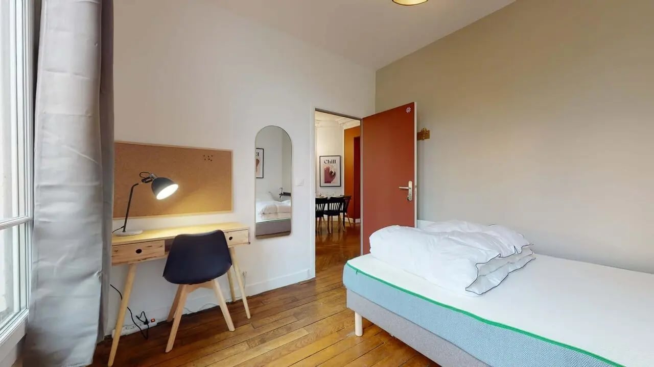 Desk chair lamp and bed bedroom at Room in 139 Av. Jean Jaurès, 75019 Paris, France in Paris Student Accommodation