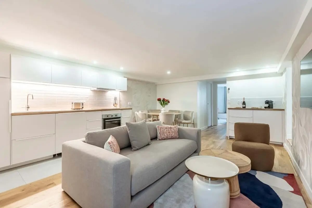 Sofa kitchen dining area coffee tables living room at Apartment in 9 Rue Danielle Casanova, 75001 Paris, France in Paris Student Accommodation