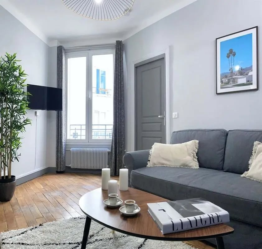Sofa coffee table rug plant TV artwork living room at Apartment in 7 Rue de Vouillé, 75015 Paris, France in Paris Student Accommodation