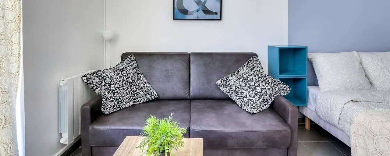 Dark couch patterned pillows plant blue shelves bedroom at Studio in Rue Alfred Durand-Claye, 75014 Paris, France in Paris Student Accommodation