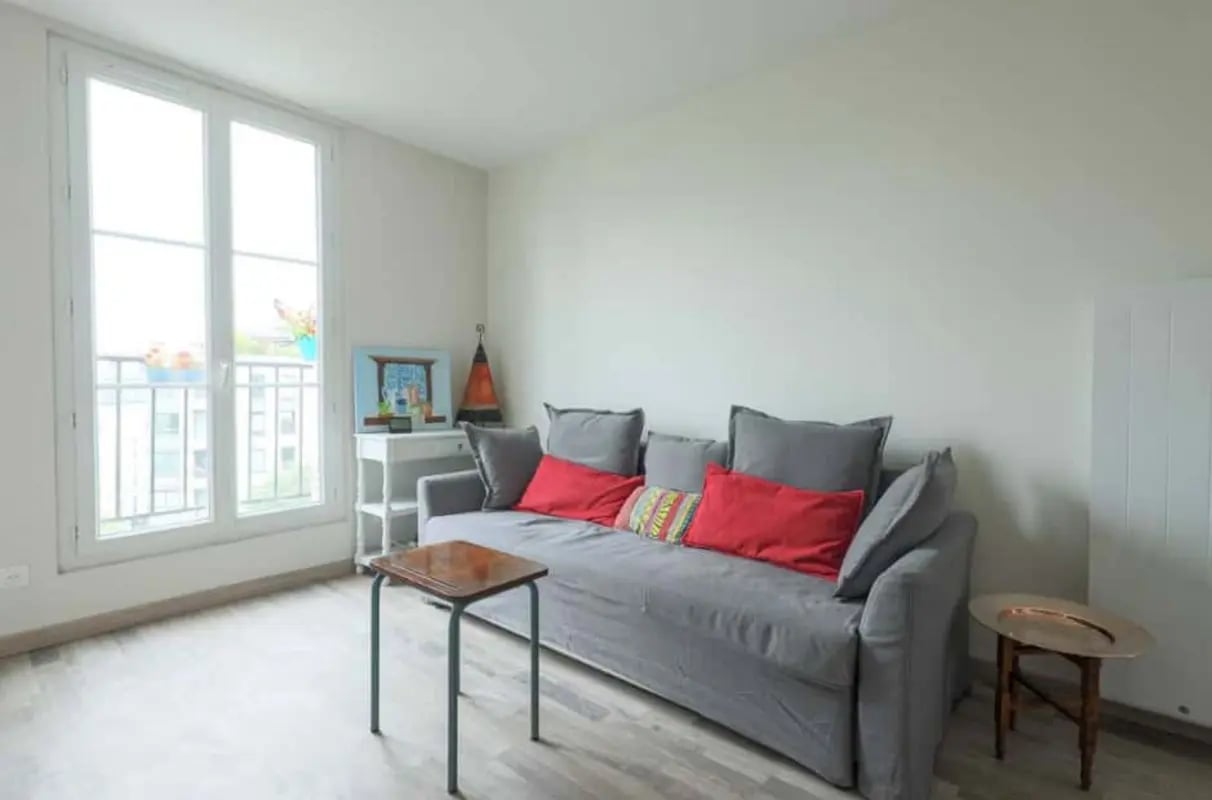 Gray sofa with red cushions living room at Apartment in 115 Bd de l'Hôpital, 75013 Paris, France in Paris Student Accommodation