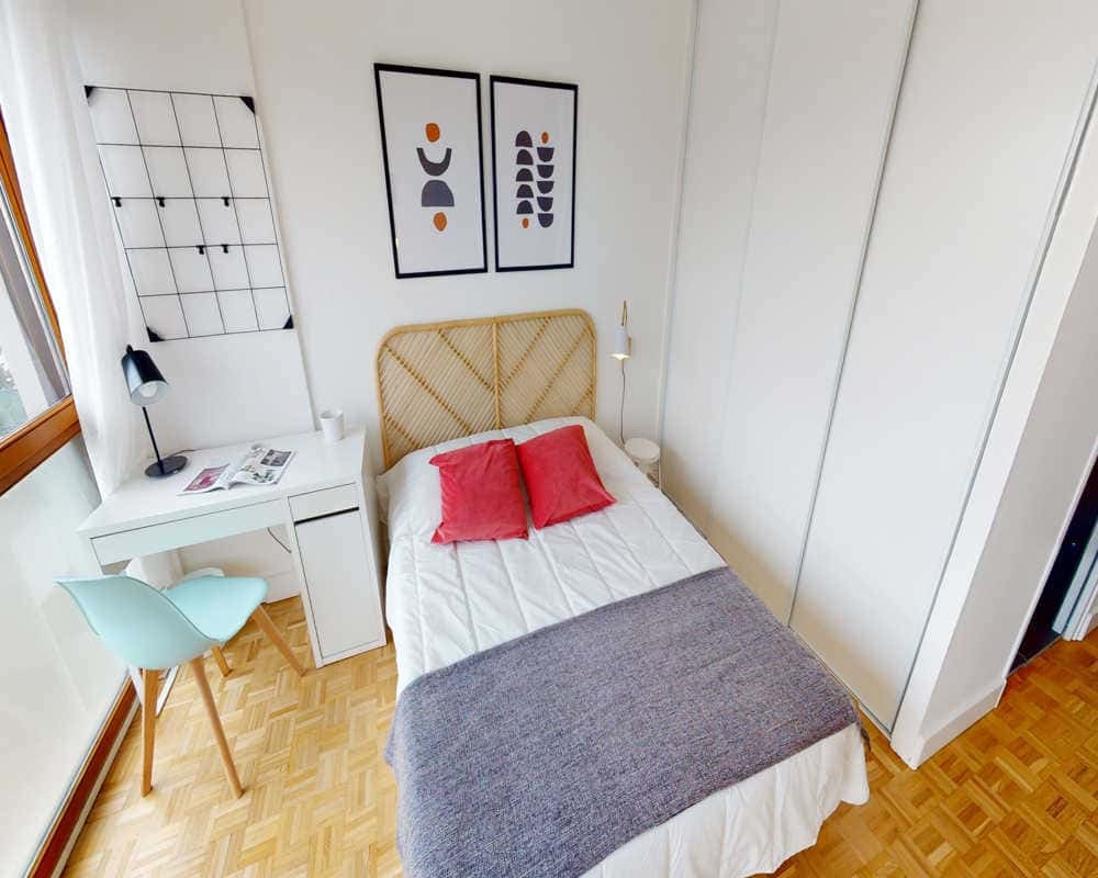 Desk lamp bed paintings calendar study area bedroom at Room in 20 Rue du Champ de l'Alouette, 75013 Paris, France in Paris Student Accommodation