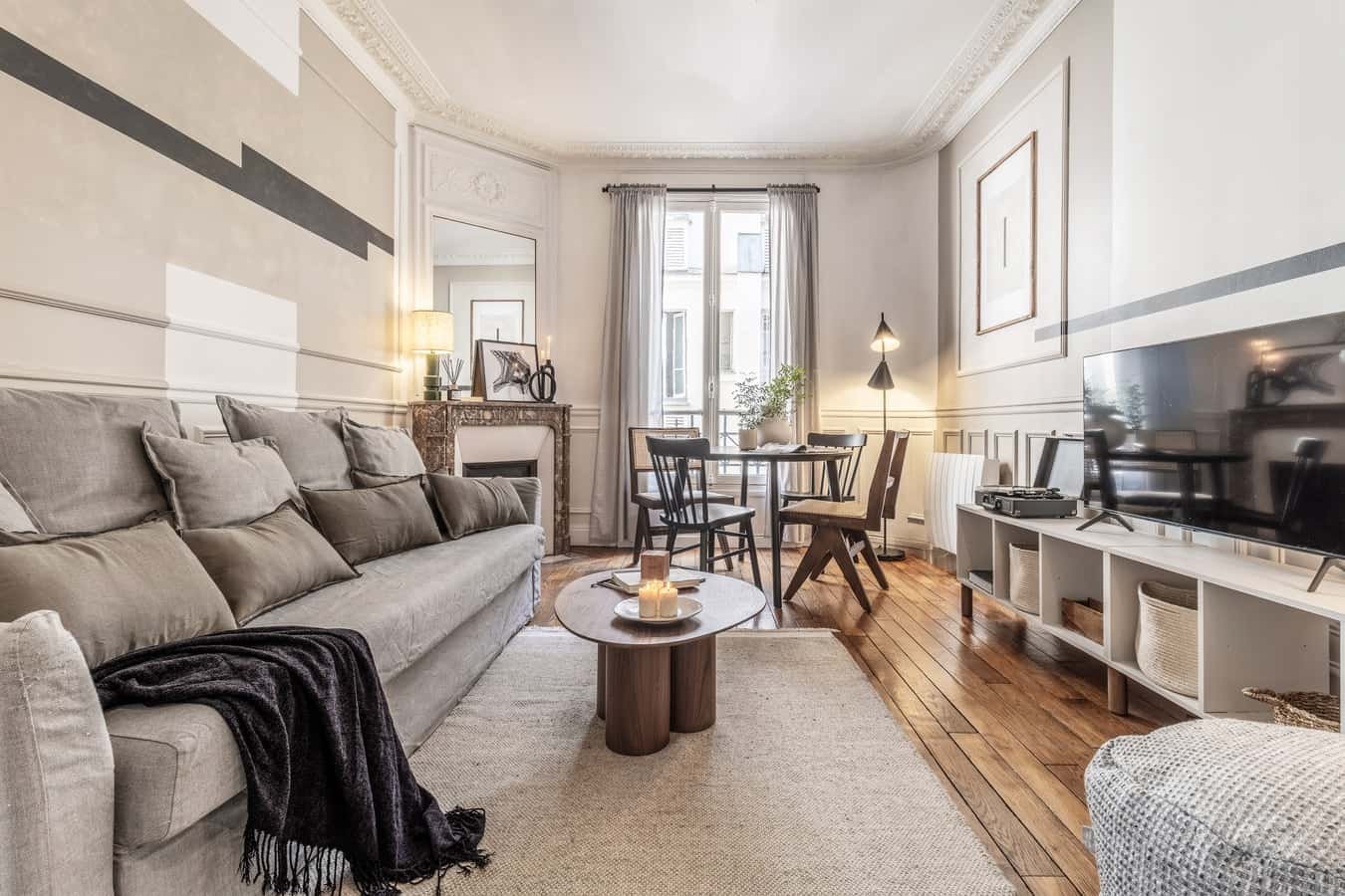 Sofa coffee table dining set TV stand living room at Apartment in 116 Rue Lamarck, 75018 Paris, France in Paris Student Accommodation