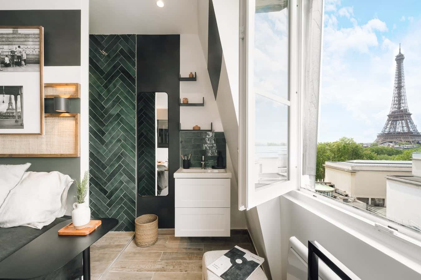 Bathroom with sink mirror and Eiffel Tower view at Apartment in 9 Av. du Président Wilson, 75116 Paris, France in Paris Student Accommodation