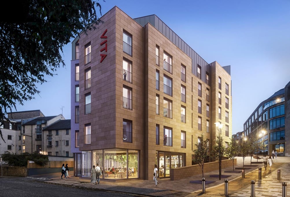 Vita building exterior with ground floor cafe exterior at Vita Student New Waverley in Edinburgh Student Accommodation