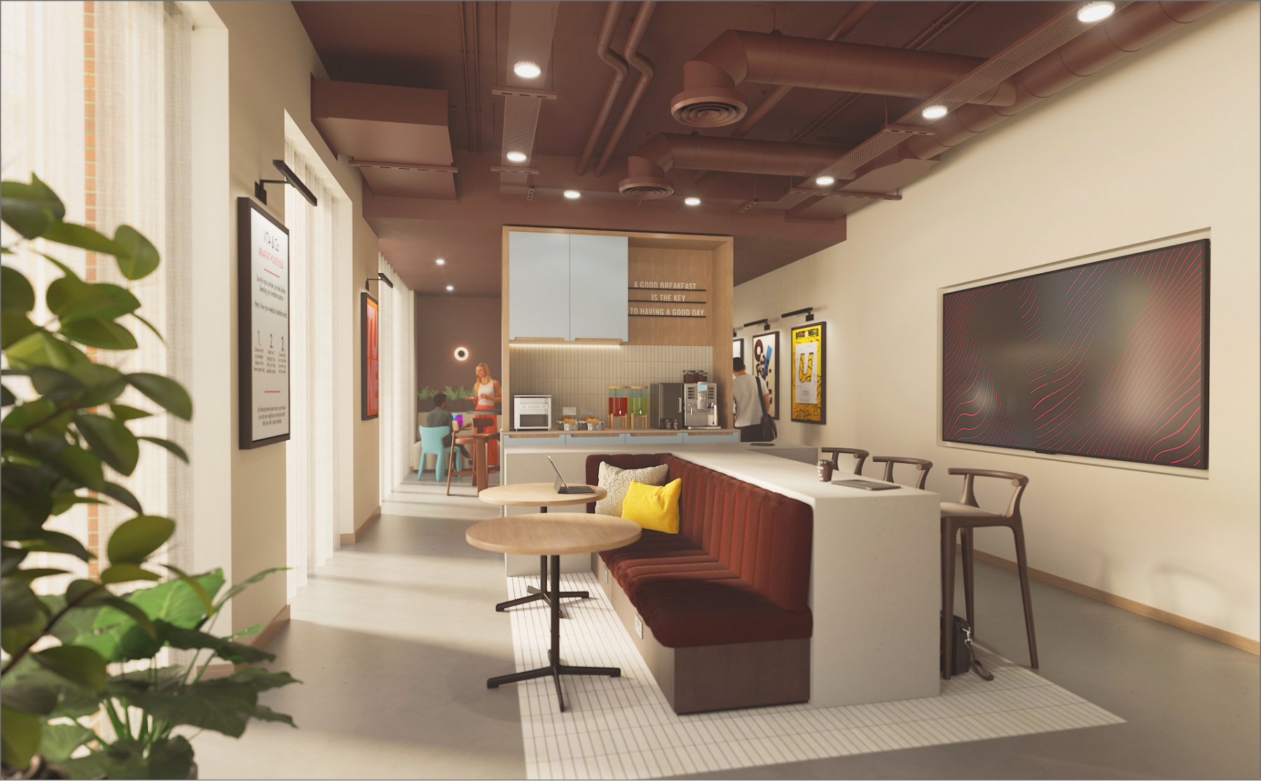 Modern communal kitchen with booth seating and counter stools kitchen at Vita Student Leazes Park in Newcastle Upon Tyne Student Accommodation