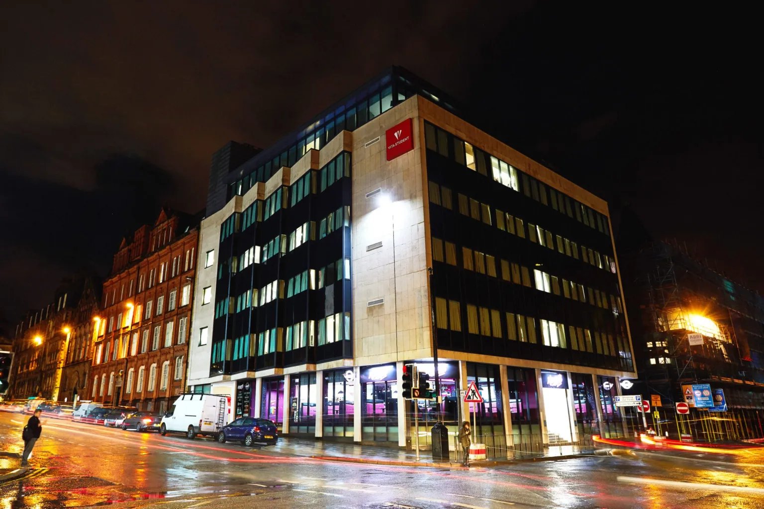 Modern student accommodation building exterior at night at Vita Student Crosshall Street in Liverpool Student Accommodation