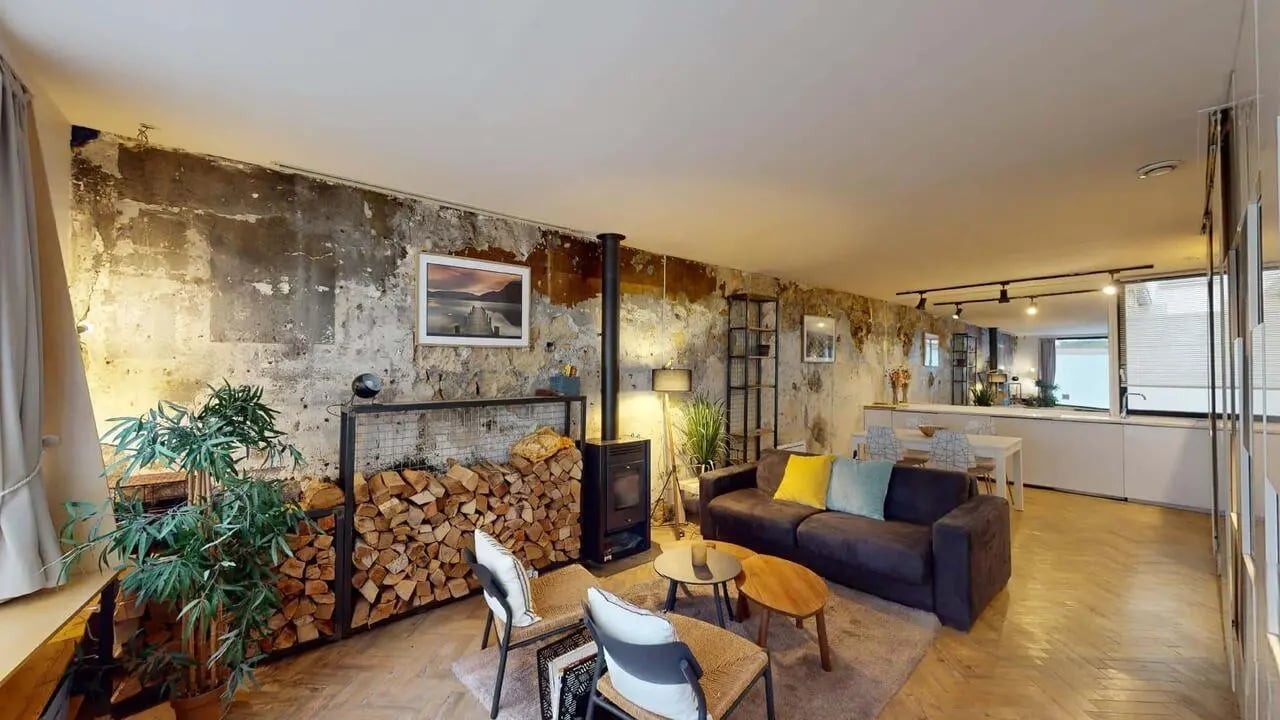 Sofa wood stove chairs and plant living room at Apartment in 13 Rue Pierre Dupont bâtiment a, 75010 Paris, France in Paris Student Accommodation