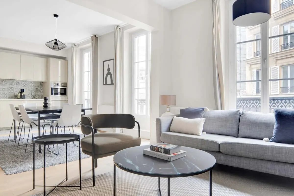 Sofa chairs coffee table dining set living room at Apartment in 64 Rue de Clichy, 75009 Paris, France in Paris Student Accommodation