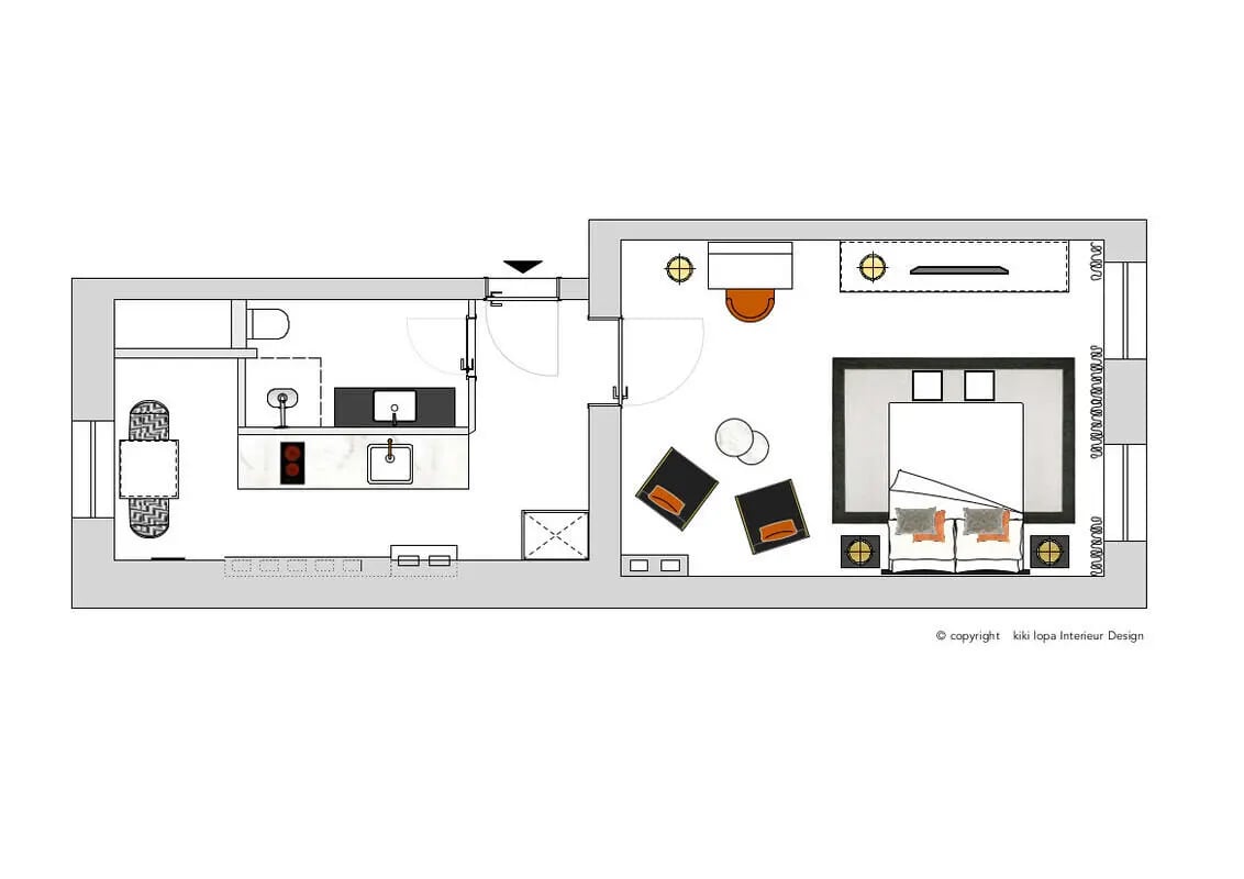 Floor plan with bed kitchen and seating area floor plan at Apartment in Schloßstraße 38, 14059 Berlin, Germania in Berlin Student Accommodation