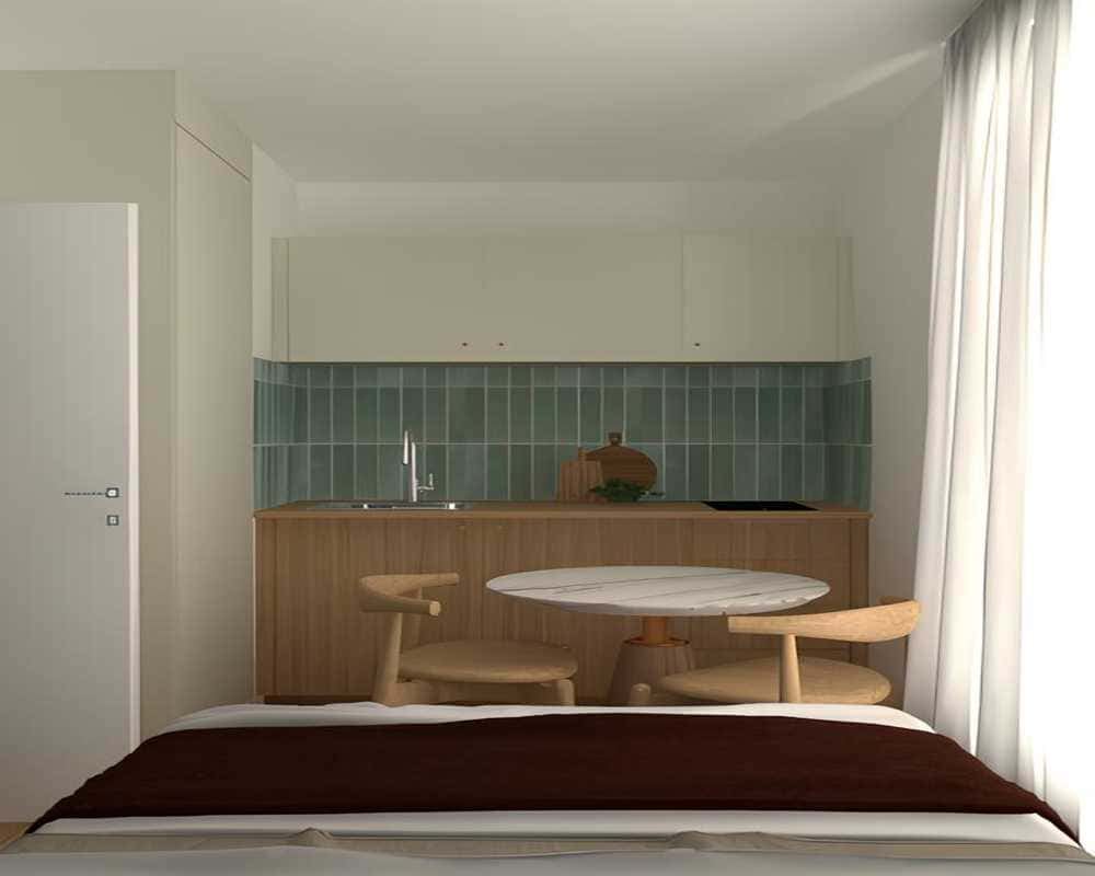 Bed table chairs kitchen and cabinets kitchen at Apartment in Rue Lally-Tollendal, 75019 Paris, France in Paris Student Accommodation