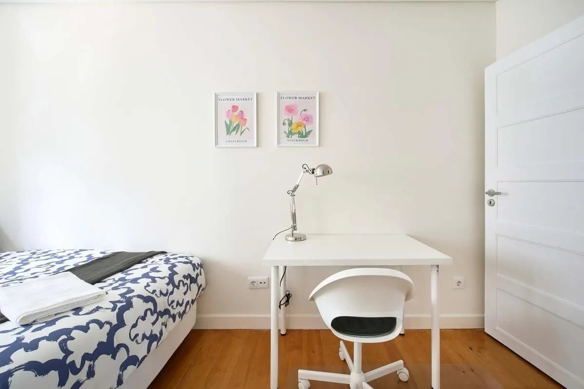Bed desk chair lamp art door Bedroom at Room in Alvalade, Lisbon - Room 1 in Lisbon Student Accommodation