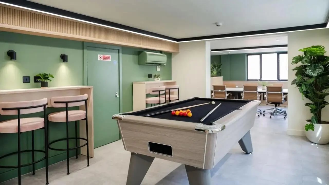 Pool table bar stools and study area communal space at King Square Studios in Bristol Student Accommodation