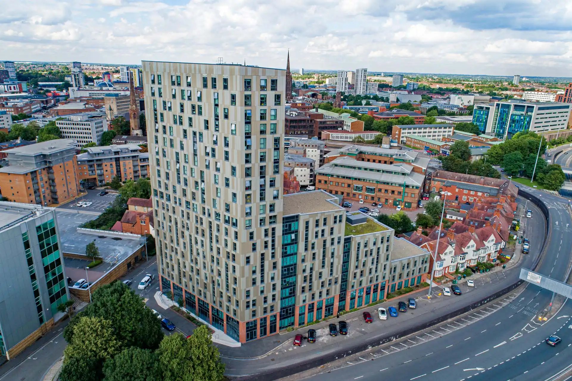 Modern apartment building with many windows exterior at Trinity View Coventry in Coventry Student Accommodation