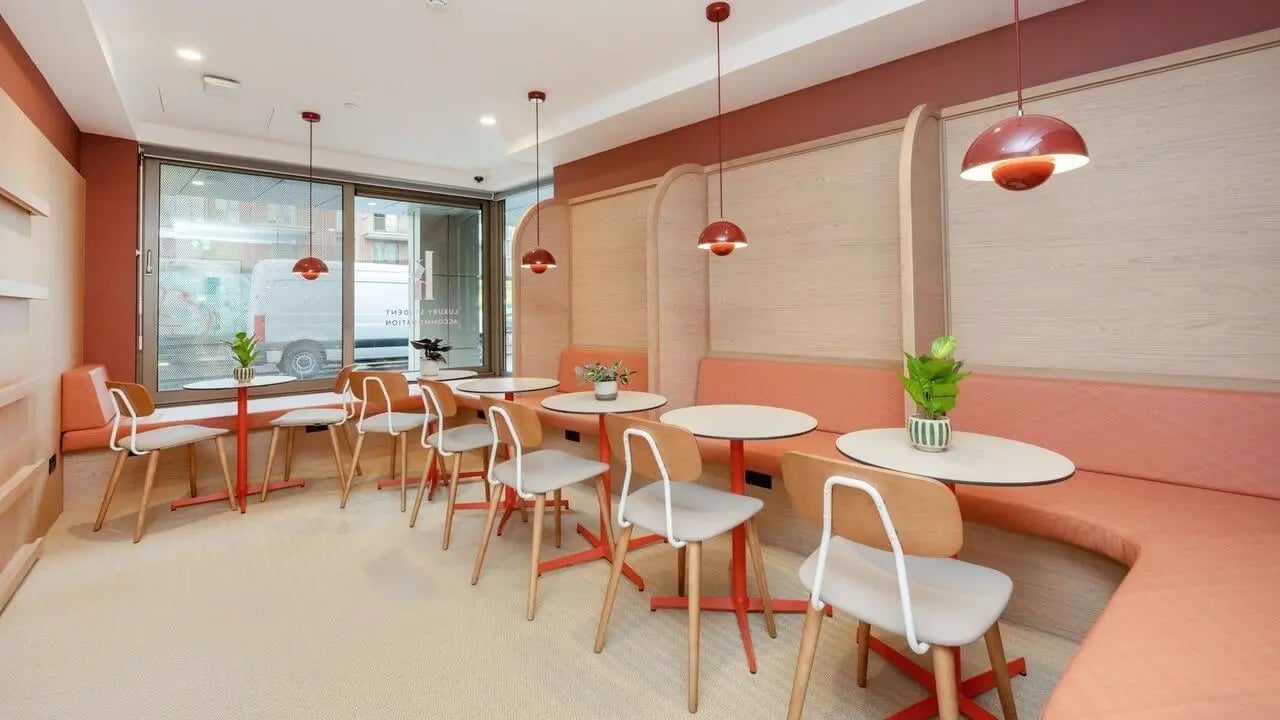 Chairs and tables in a communal dining area at The Keel Houses in Edinburgh Student Accommodation