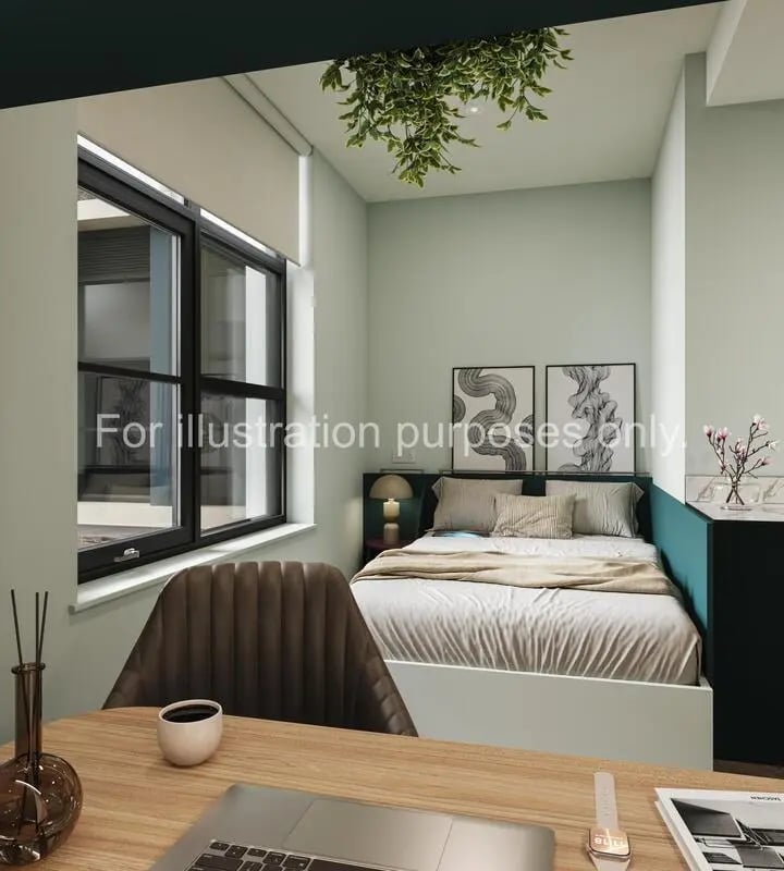 Bed desk chair window art Bedroom at Willen House in London Student Accommodation