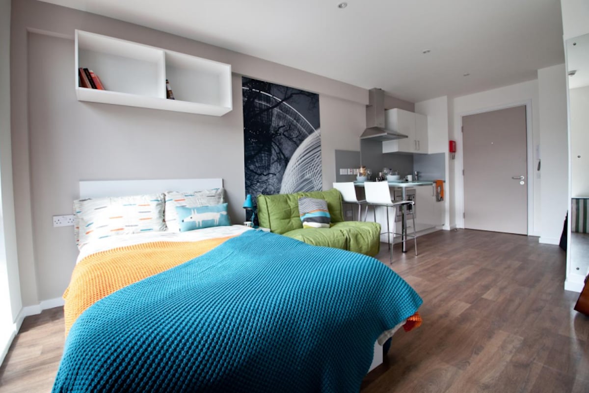 Bed sofa kitchen studio apartment at Gateway Apartments in Edinburgh Student Accommodation