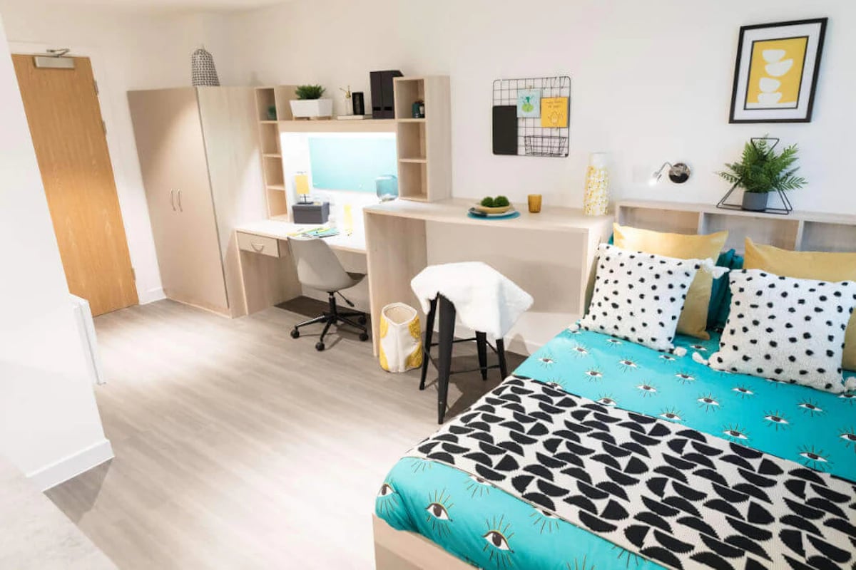 Bed desk closet and chair student room at Holden Court in Brighton Student Accommodation