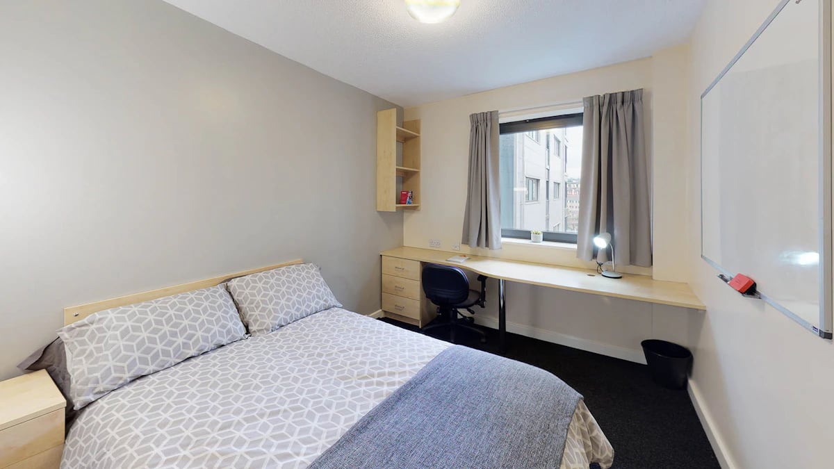 Bed desk chair whiteboard study bedroom at The Pinnacles in Sheffield Student Accommodation