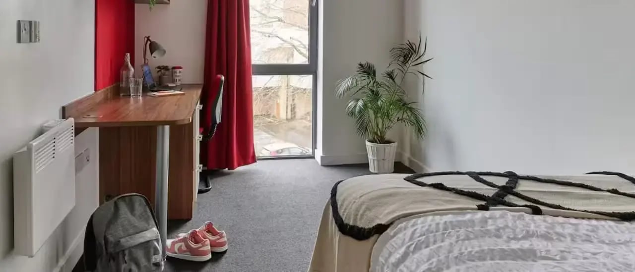 Desk lamp plant and bed in student room bedroom at The Apollo Works in Coventry Student Accommodation