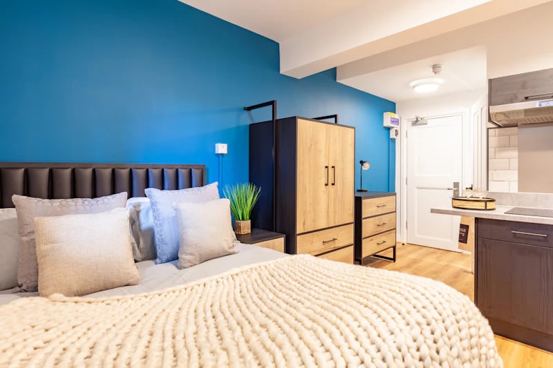 Bed wardrobe dresser plant kitchen area bedroom at The Priory in Leeds Student Accommodation