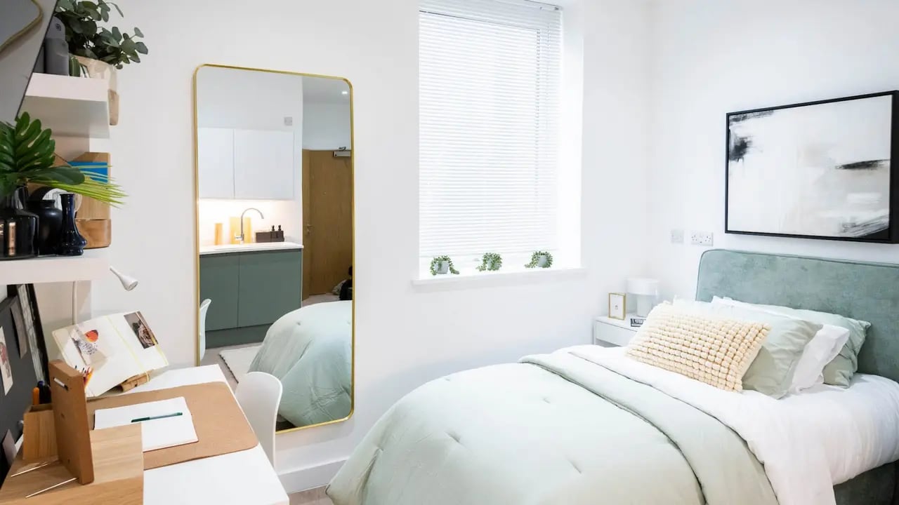 Bed desk shelves kitchenette mirror bedroom at Aire in Stoke-On-Trent Student Accommodation