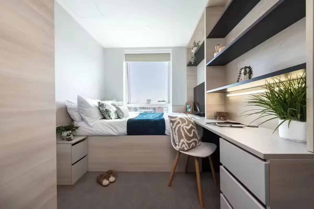 Bed desk shelves and chair bedroom at Hythe Mills in Colchester Student Accommodation