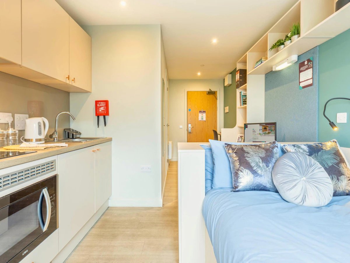 Kitchenette bed study area living room at Straits Meadows in Edinburgh Student Accommodation
