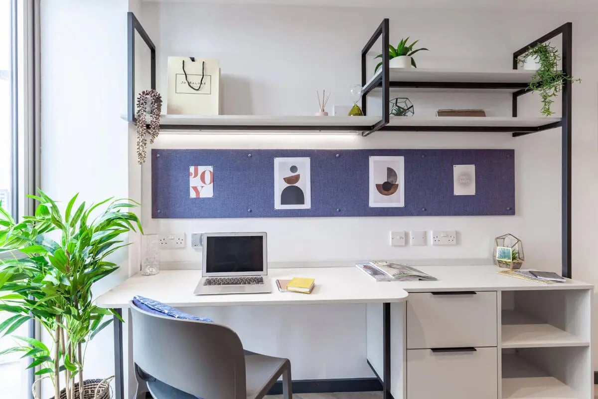 Desk with laptop plants and framed art study area at Limelight in Liverpool Student Accommodation