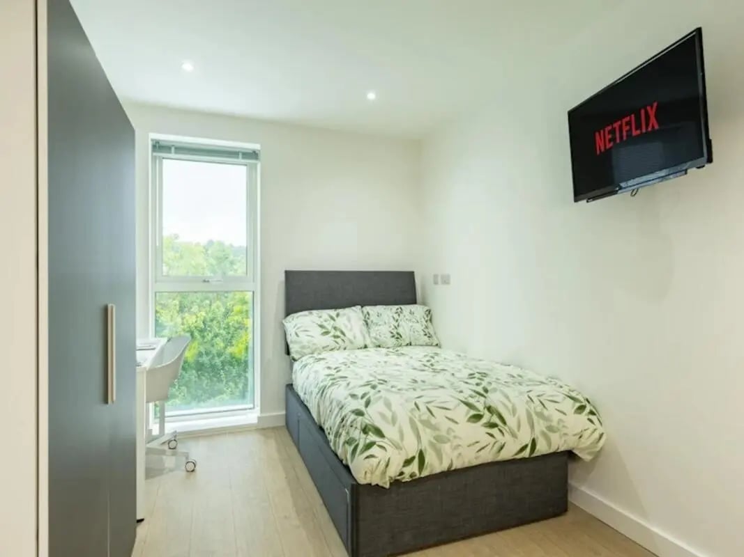 Bed desk wardrobe Netflix TV bedroom at One London Road in Newcastle Under Lyme Student Accommodation