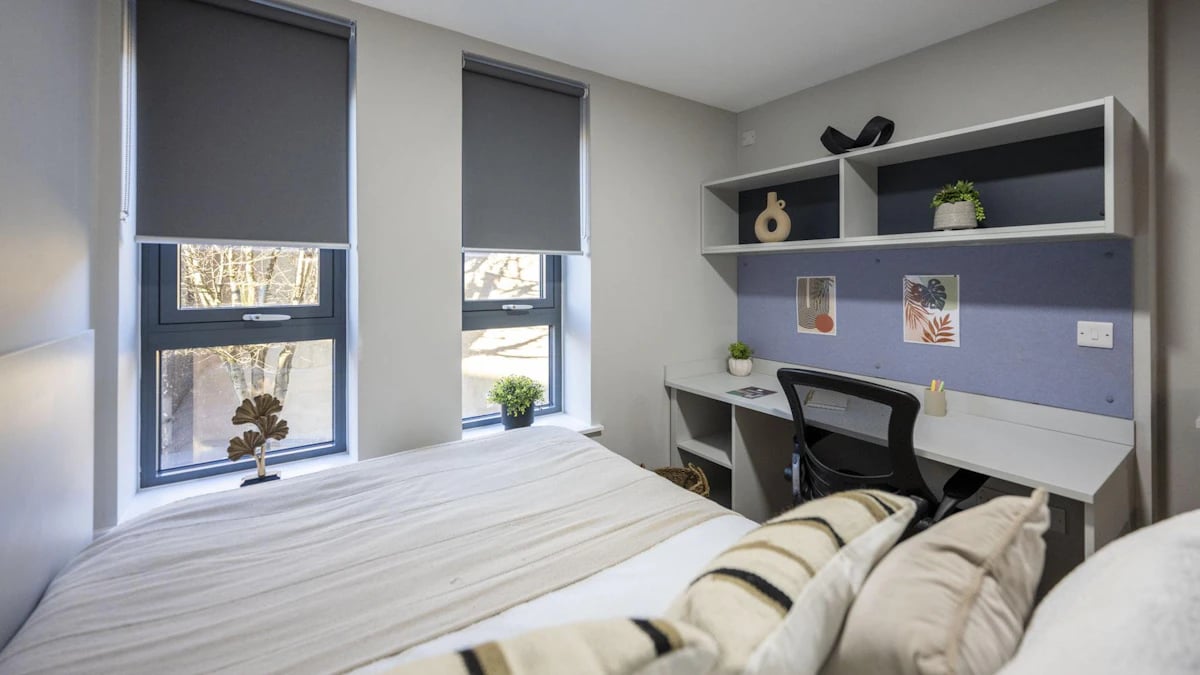 Bed desk shelves and plants Bedroom at Clyde Court in Glasgow Student Accommodation