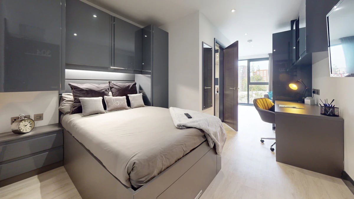 Bed desk with chair and storage Bedroom at The Residence in Coventry Student Accommodation