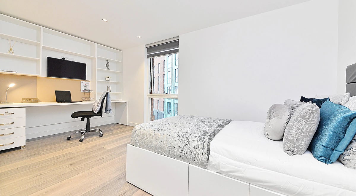 Bed desk shelving and laptop bedroom at Miura in Nottingham Student Accommodation