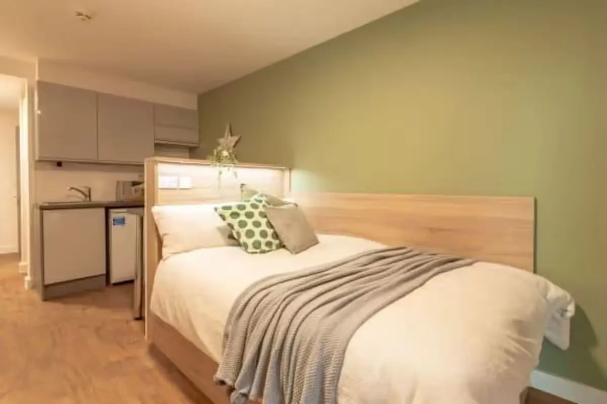 Bed with kitchenette and green wall Bedroom at Bankside Student Living - Guildford in Guildford Student Accommodation