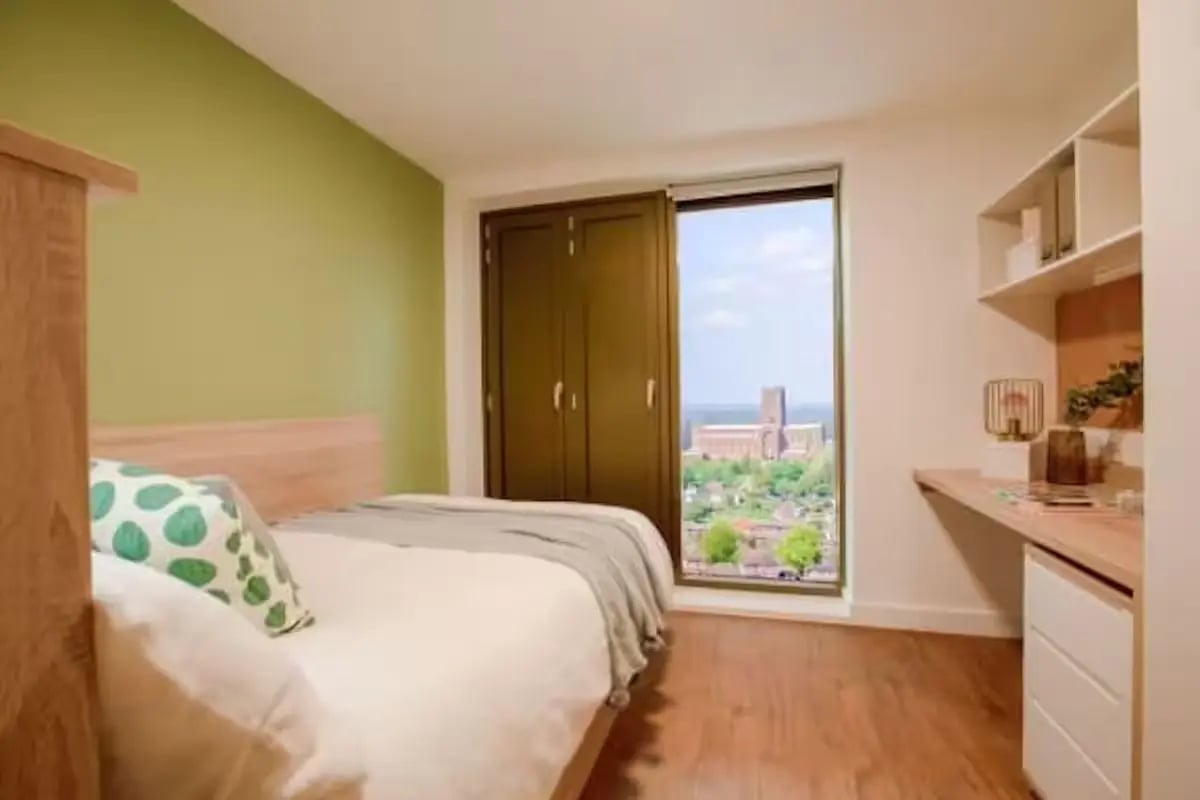 Bed desk and wardrobe view bedroom at Bankside Student Living - Guildford in Guildford Student Accommodation