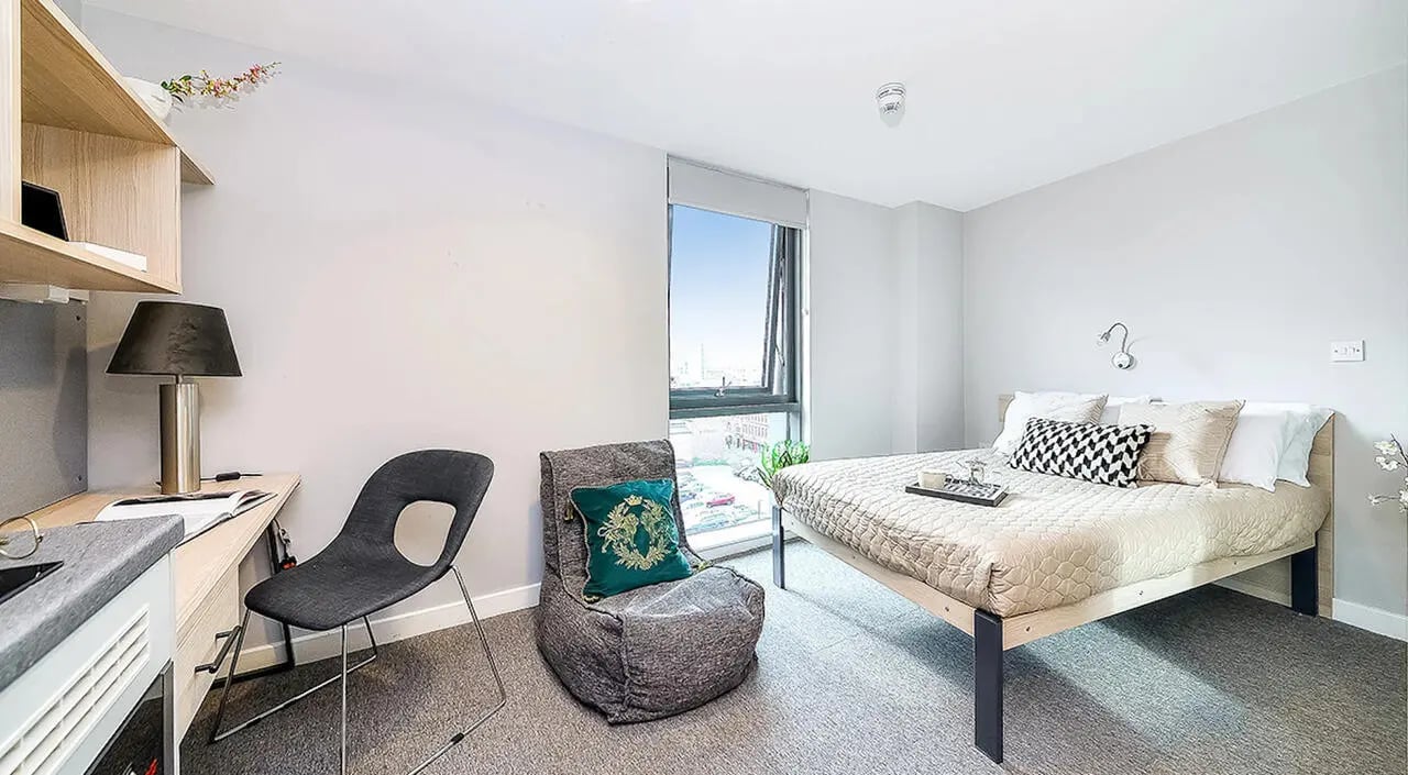 Bed desk chair beanbag window bedroom at Straits Manor in Sheffield Student Accommodation