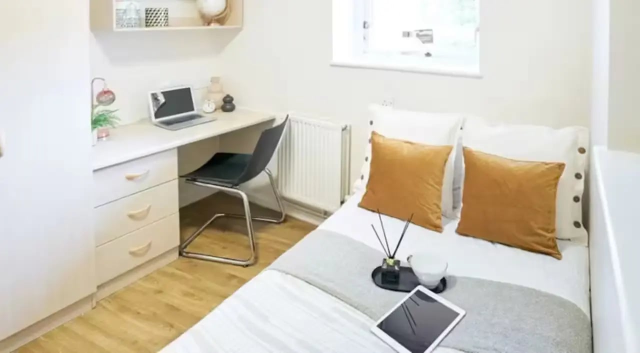 Desk bed laptop chair and diffuser bedroom at St Andrews Gardens - Liverpool in Liverpool Student Accommodation