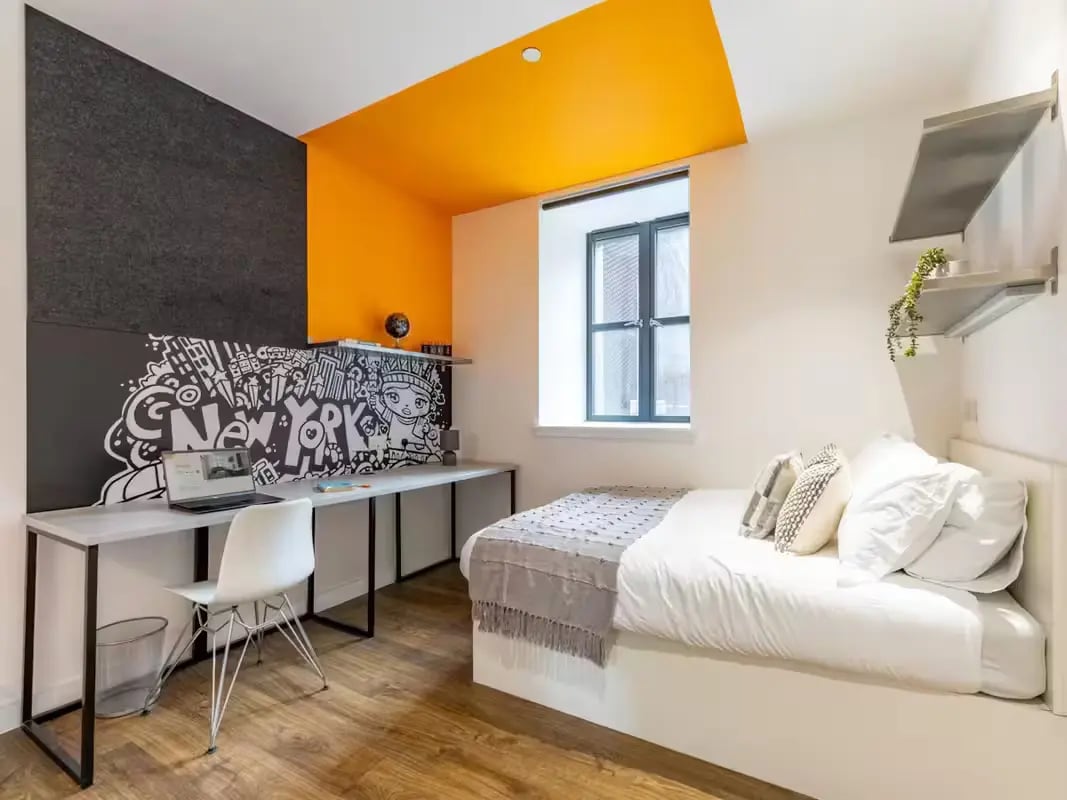 Desk bed whiteboard art window bedroom at Riverside Glasgow in Glasgow Student Accommodation