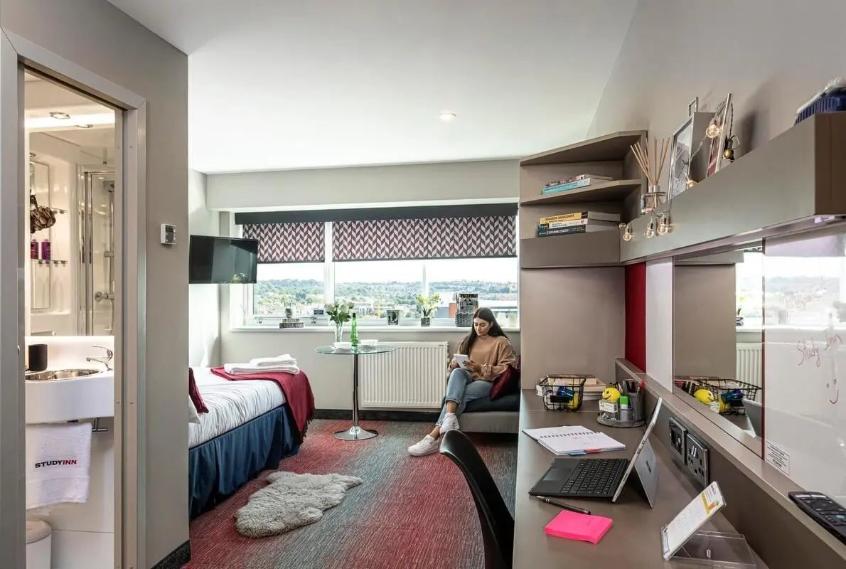 Bed study desk bathroom and window view room at Study Inn Talbot Street Nottingham in Nottingham Student Accommodation
