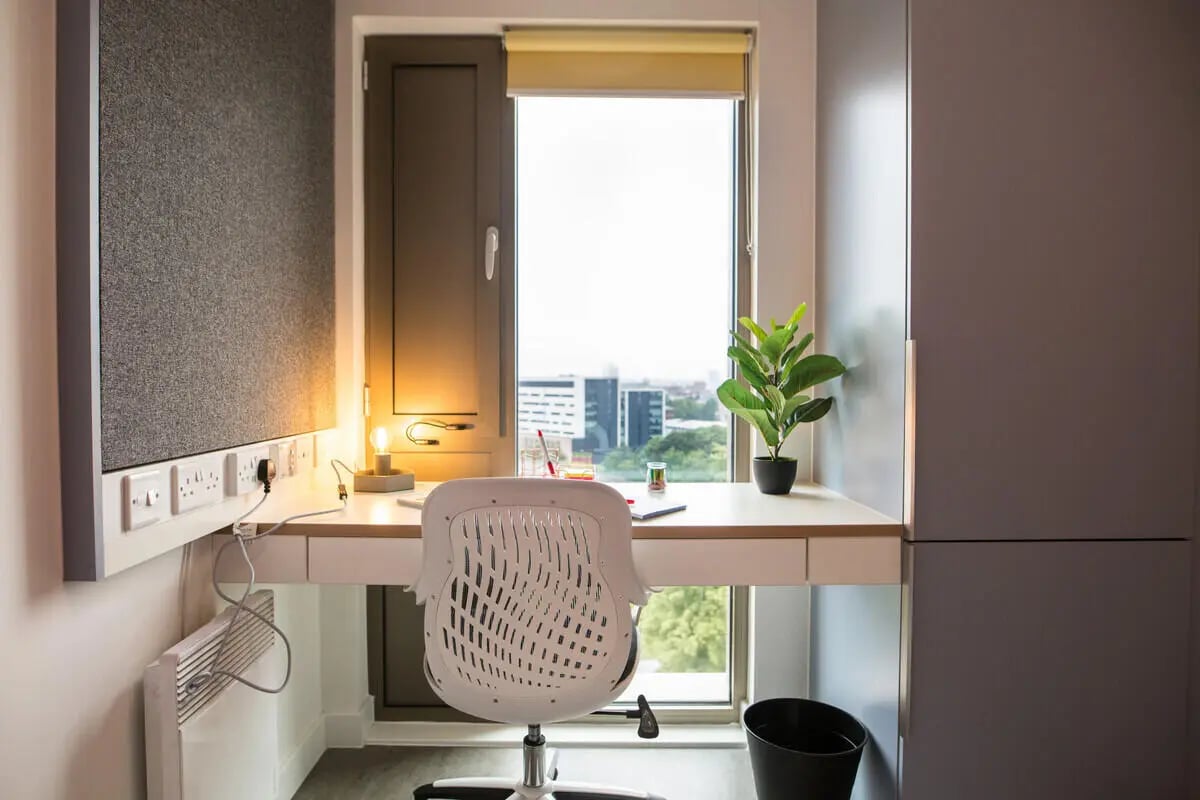 Desk chair plant and window study area at AXO Paradise Student Village in Coventry Student Accommodation