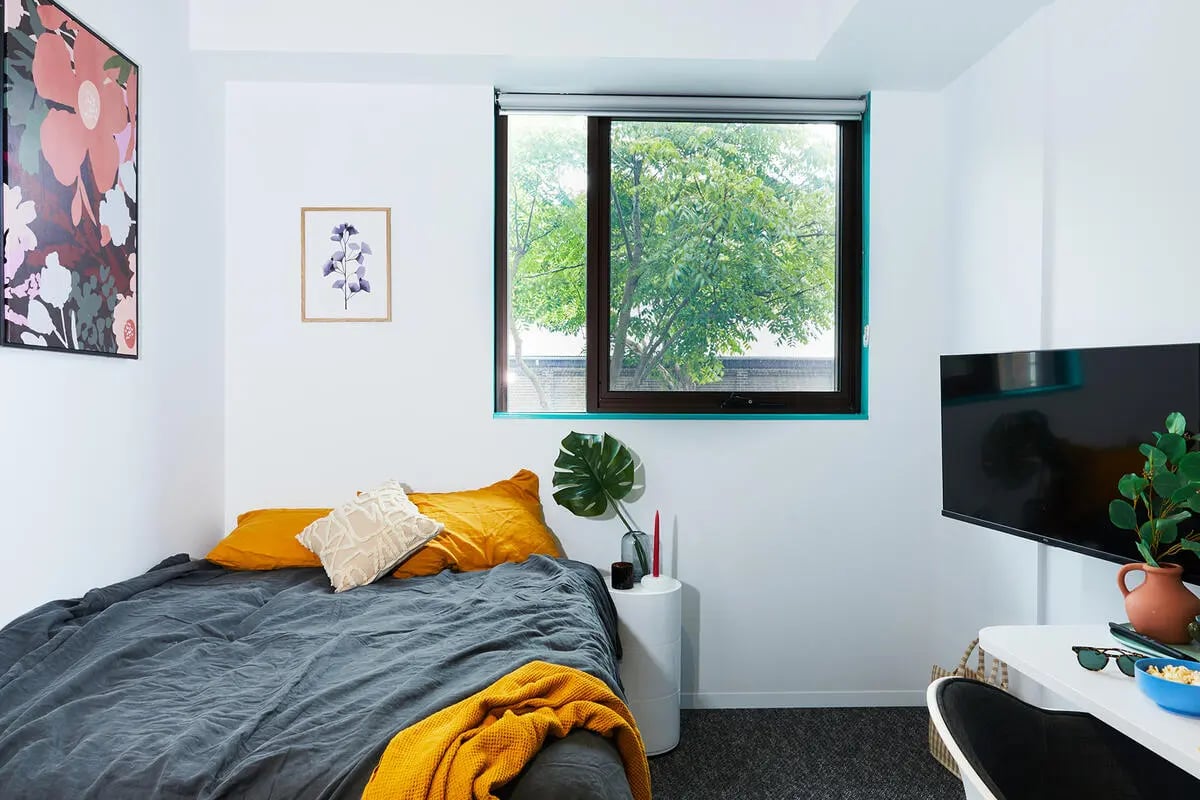 Bed with yellow blankets artwork window and TV bedroom at Scape Darlington in Sydney Student Accommodation