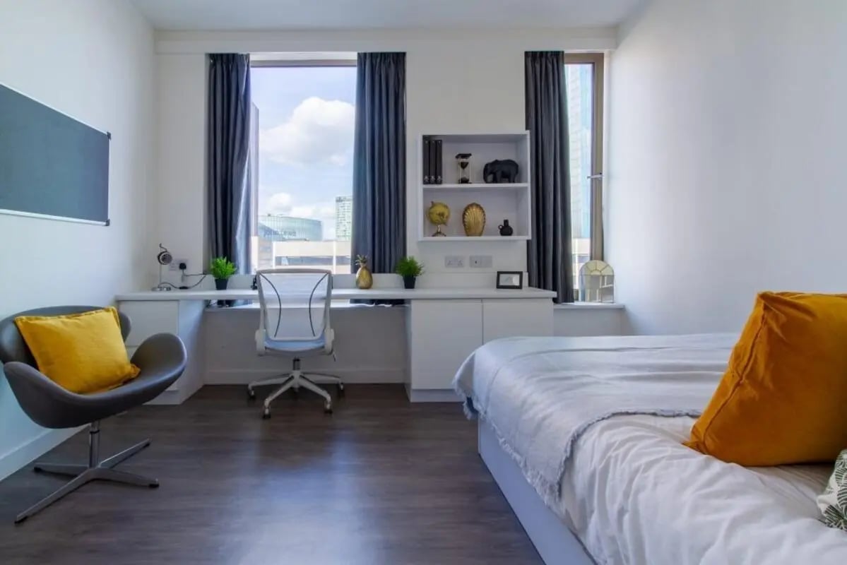 Desk chair bed pillows and desk Bedroom at Kensington House in Birmingham Student Accommodation