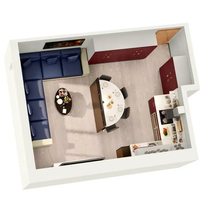 Blue sectional sofa dining table and kitchen living room at Brotherton House in Leeds Student Accommodation